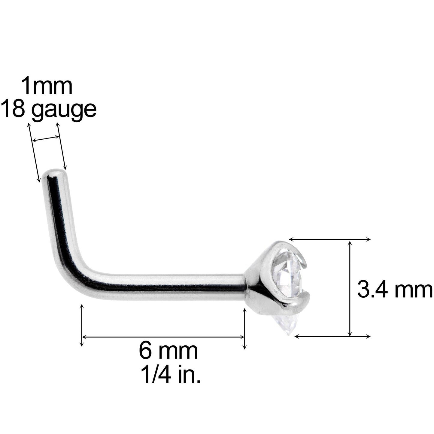18G Clear 3mm CZ Heart Gem Grade 23 Titanium L Shaped Nose Ring