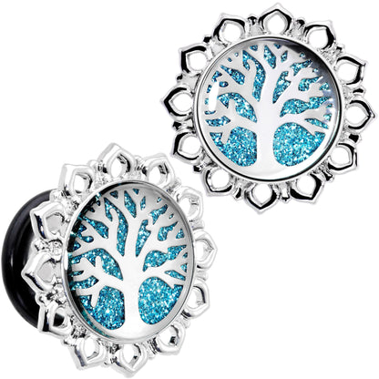 Blue Glitter Inlay Tree of Life Single Flare Plug Set 6mm to 20mm