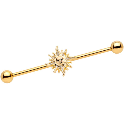 14G Gold Tone Happy Sun Industrial Barbell  38mm