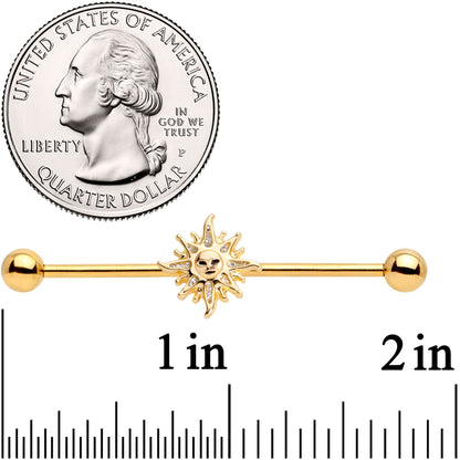 14G Gold Tone Happy Sun Industrial Barbell  38mm