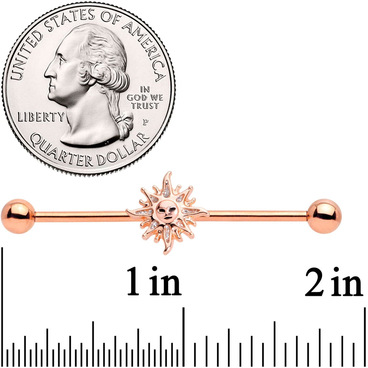 14G Rose Gold Tone Happy Sun Industrial Barbell 38mm