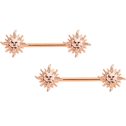 14G 5/8 Glitter Inlay Rose Gold Tone Sun Barbell Nipple Ring Set