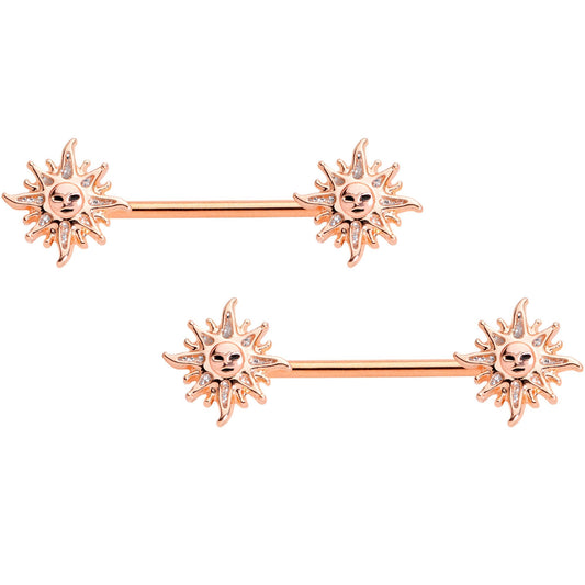14G 5/8 Glitter Inlay Rose Gold Tone Sun Barbell Nipple Ring Set