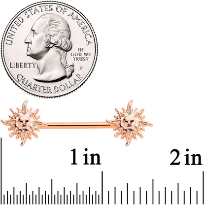 14G 5/8 Glitter Inlay Rose Gold Tone Sun Barbell Nipple Ring Set
