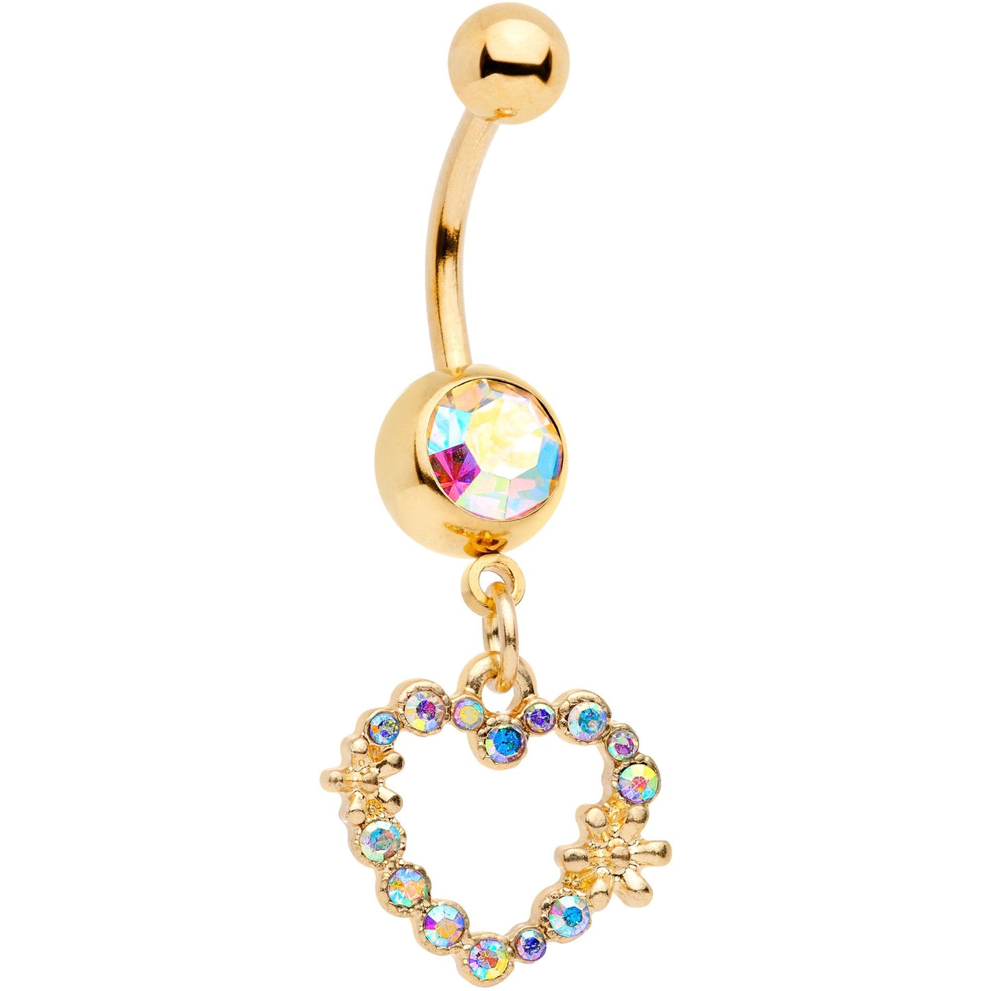 14G 7/16 Aurora Gem Gold Tone Heart Dangle Belly Ring