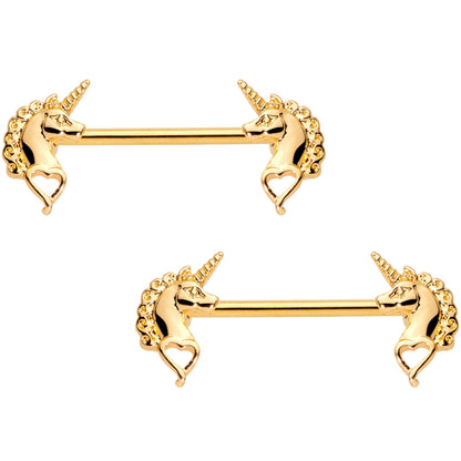 14G 5/8 Gold Tone Anodized Unicorn Barbell Nipple Ring Set