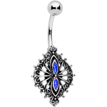 Blue Faux Druzy Spider Web Scrolls Belly Ring