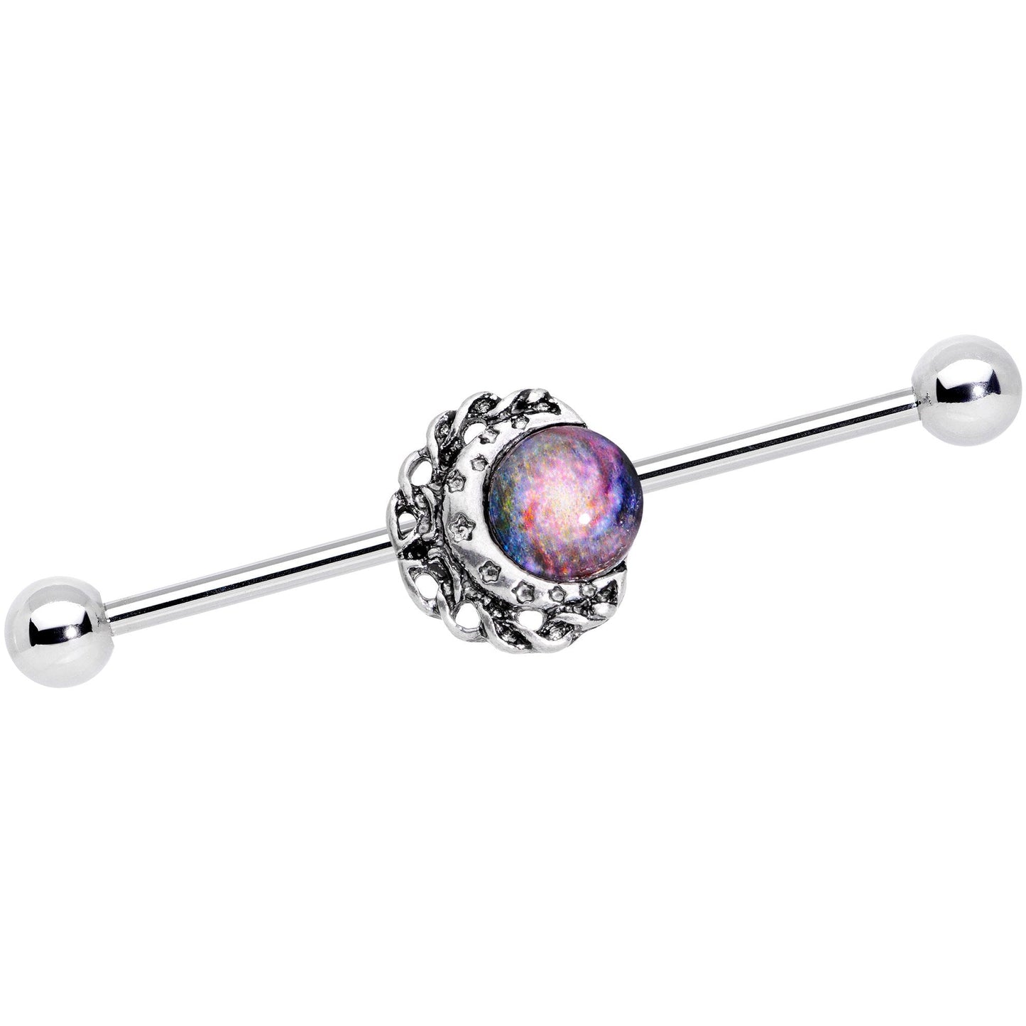 14G Swirling Galaxy Inlay Crescent Moon Industrial Barbell 38mm