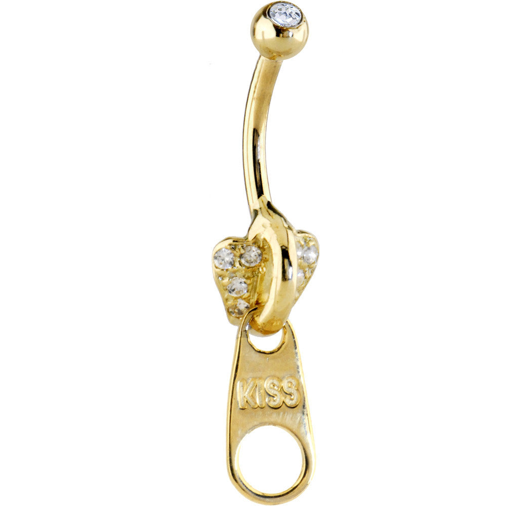 16G Solid 14K Yellow GOLD CZ Paved KISS ZIPPER Belly Ring