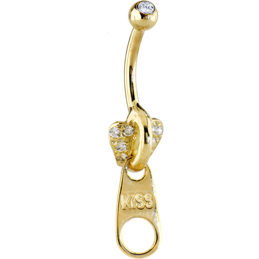 16G Solid 14K Yellow GOLD CZ Paved KISS ZIPPER Belly Ring