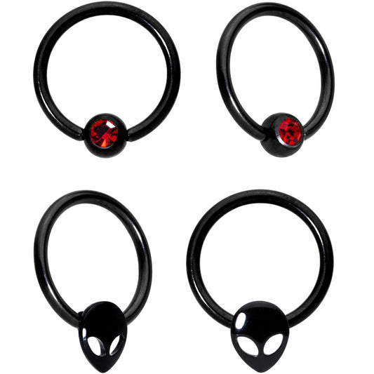 14G 13mm Red Gem Alien Black BCR Captive Nipple Ring Set Of 4