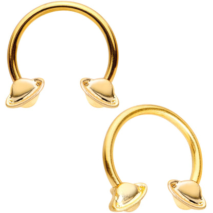 14G 13mm Gold Tone Sexy Saturn Horseshoe Nipple Ring Set