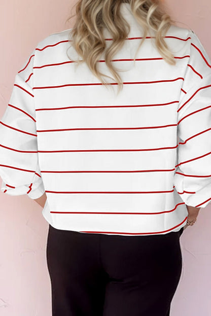 Fiery Red Zip V Neck Casual Stripe Print Drop Shoulder Long Sleeve Top - Jaico Online Shop