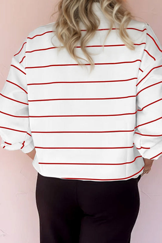 Fiery Red Zip V Neck Casual Stripe Print Drop Shoulder Long Sleeve Top - Jaico Online Shop