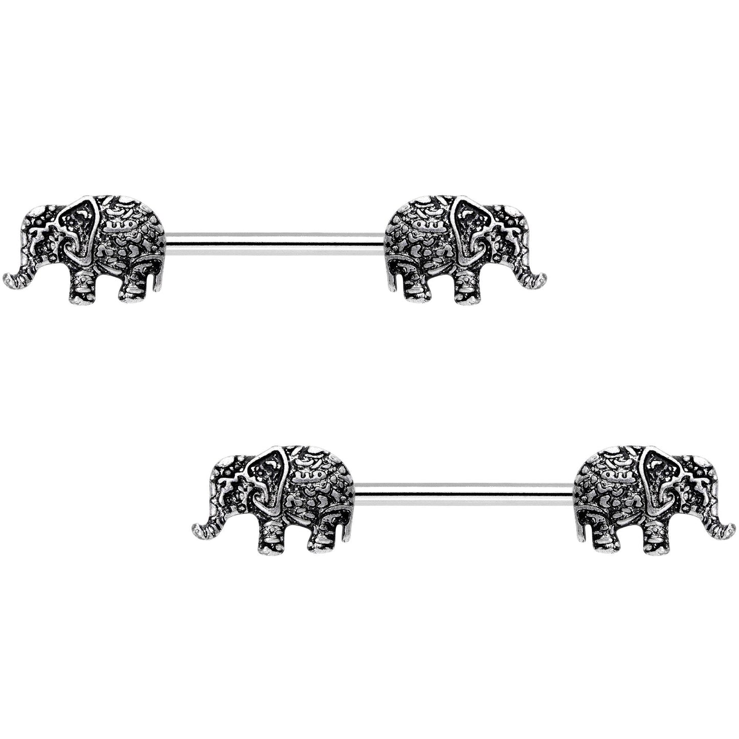 14G 9/16 Ornate Pattern Elephant Barbell Nipple Ring Set