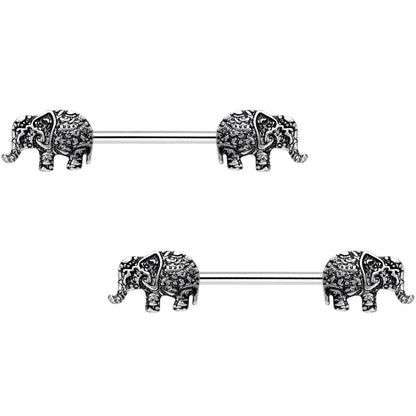 14G 9/16 Ornate Pattern Elephant Barbell Nipple Ring Set