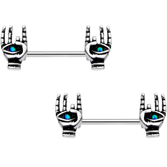 14G 9/16 Synthetic Opal Hamsa Barbell Nipple Ring Set