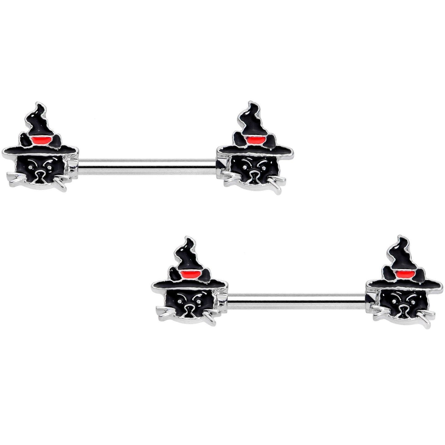 14G 9/16 Halloween Witch Way Black Cat Barbell Nipple Ring Set