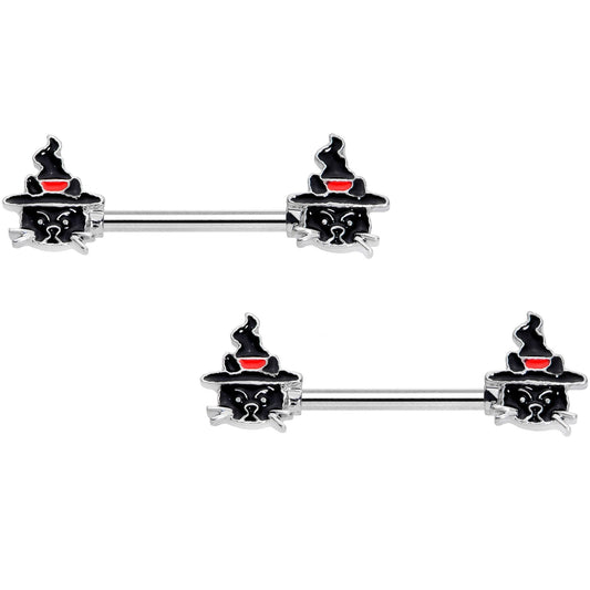 14G 9/16 Halloween Witch Way Black Cat Barbell Nipple Ring Set
