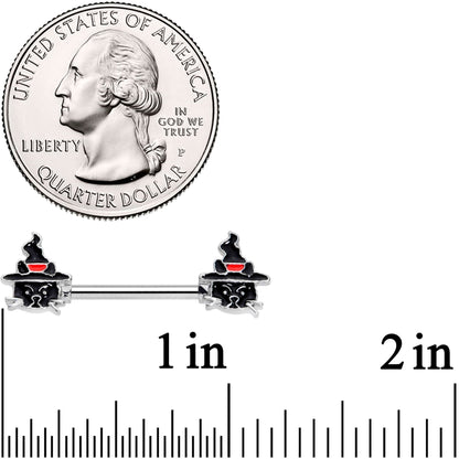 14G 9/16 Halloween Witch Way Black Cat Barbell Nipple Ring Set