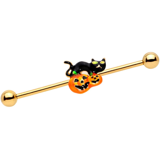 14G Halloween Black Cat Jack O Lantern Barbell Industrial 38mm