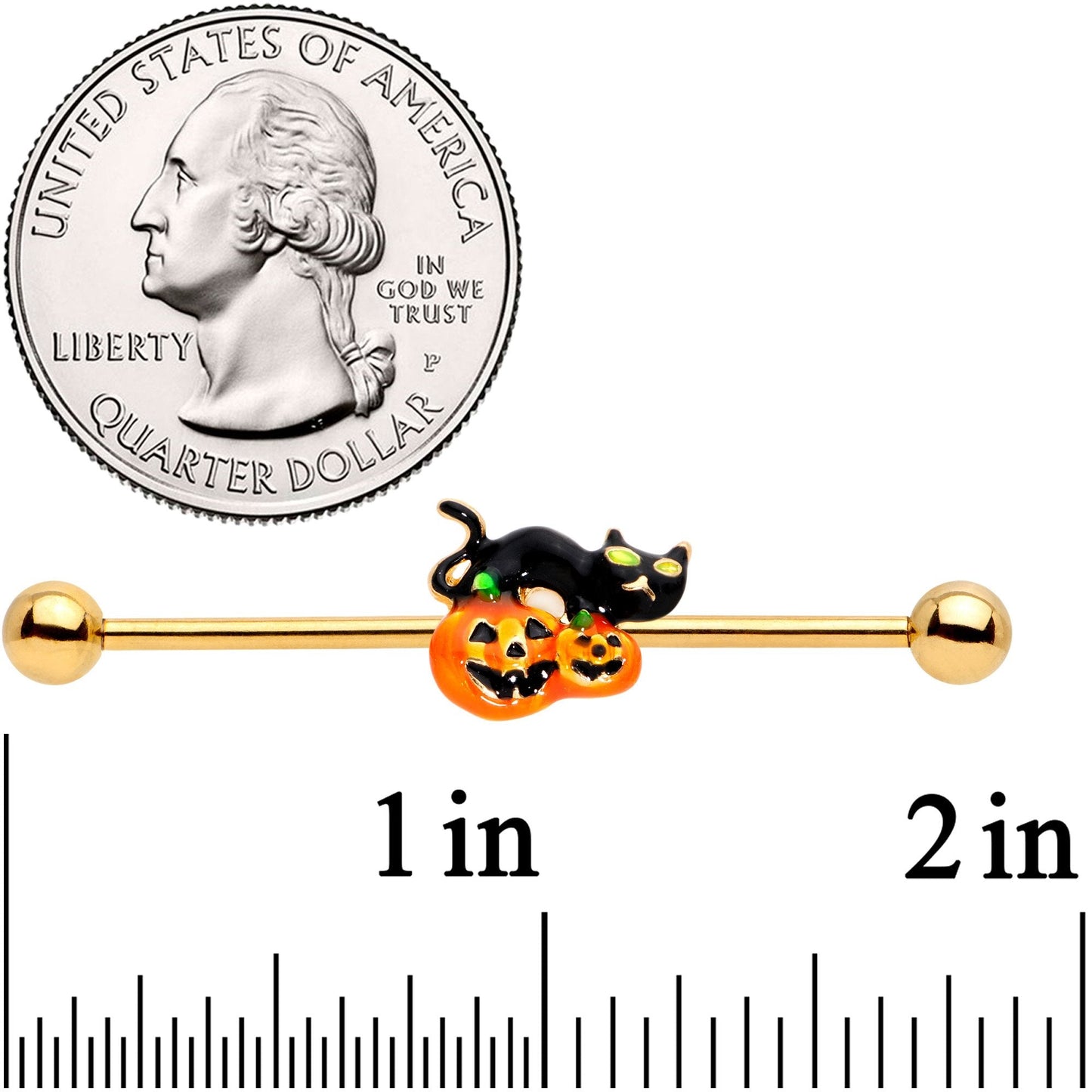 14G Halloween Black Cat Jack O Lantern Barbell Industrial 38mm