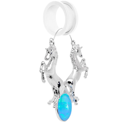 Blue Faux Opal Leaping Unicorns Tunnel Plug Earrings