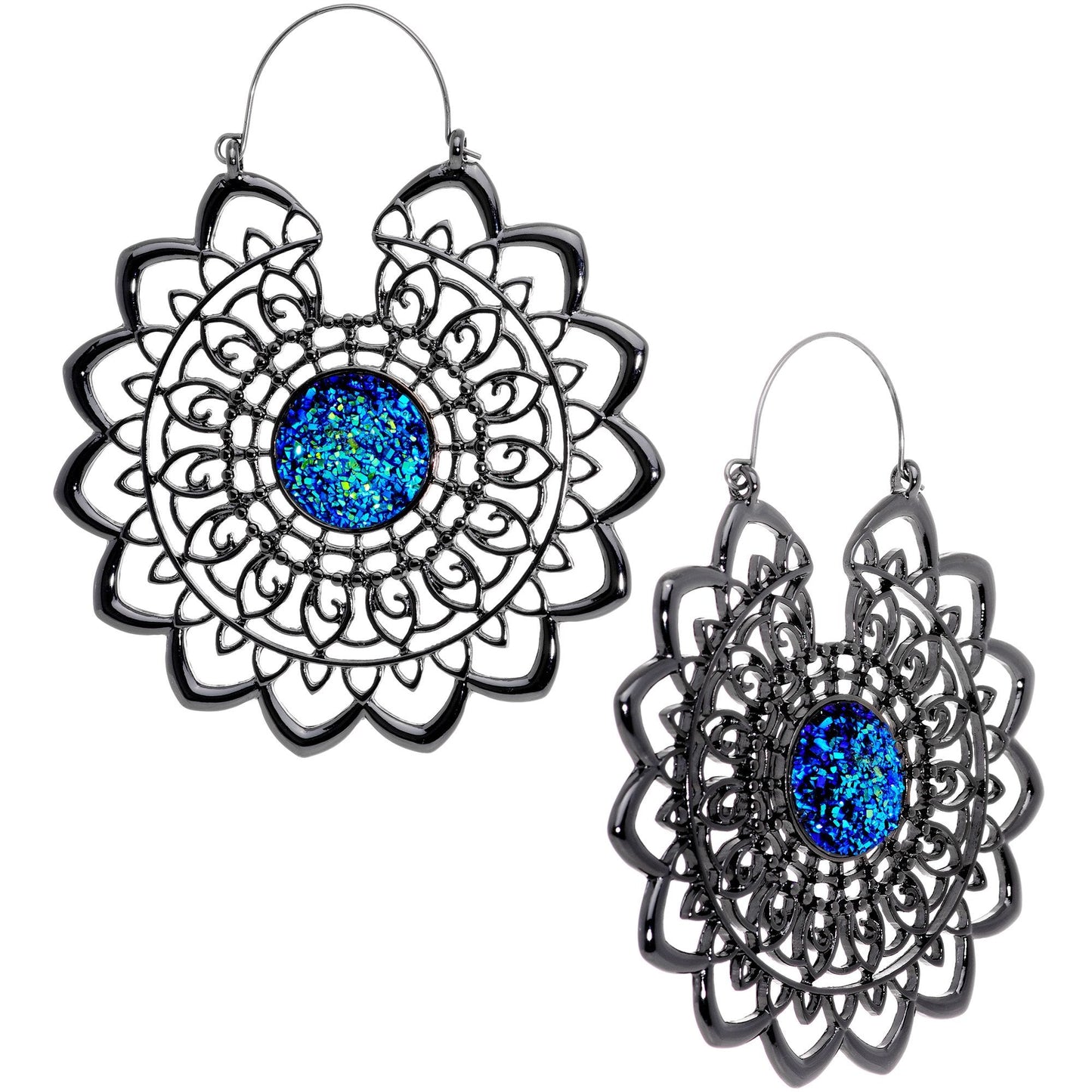 Blue Faux Druzy Black Serenity Mandala Tunnel Plug Earrings