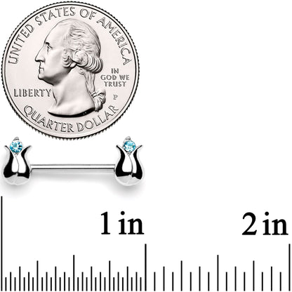 14G 9/16 Aqua Gem Tulips Flower Barbell Nipple Ring Set