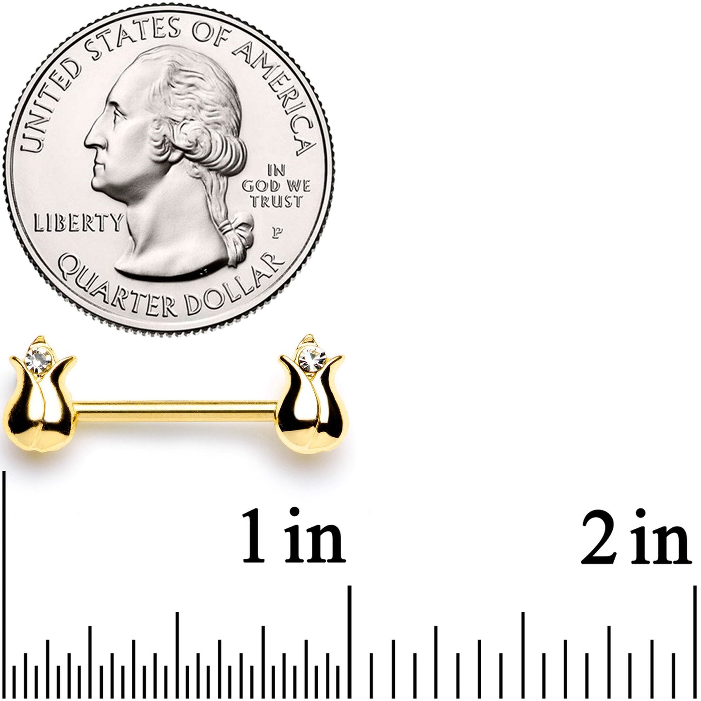 14G 9/16 Clear Gem Gold Tone Tulips Flower Barbell Nipple Ring Set