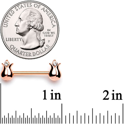 14G 9/16 Clear Gem Rose Gold Tone Tulip Flower Barbell Nipple Ring Set