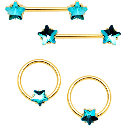 14G Blue Gem Star Gold Tone Captive Barbell Nipple Ring Set