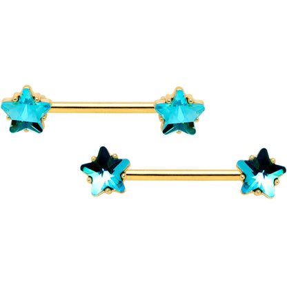 14G Blue Gem Star Gold Tone Captive Barbell Nipple Ring Set