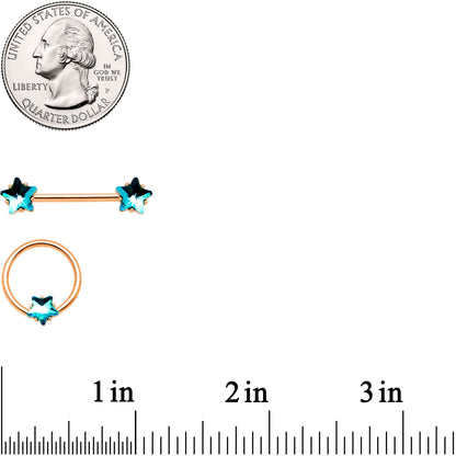 14G Blue Gem Star Rose Gold Tone BCR Barbell Nipple Ring Set