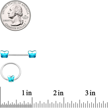 14G Blue Gem Butterfly Captive Barbell Nipple Ring Set