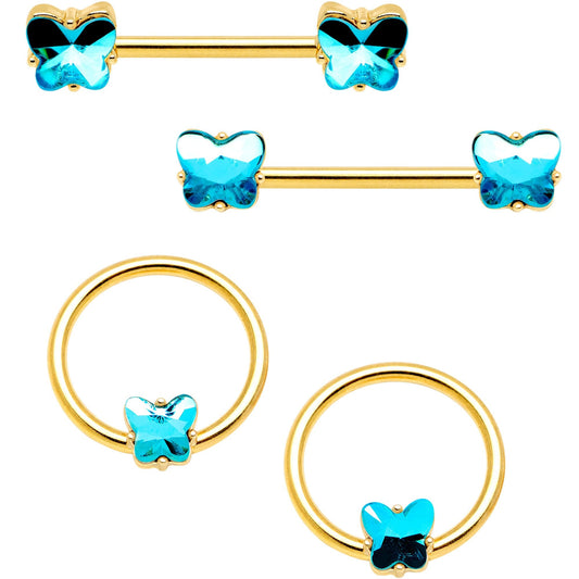 14G Aqua Gem Butterfly Gold Tone BCR Barbell Nipple Ring Set of 4