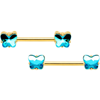 14G Aqua Gem Butterfly Gold Tone BCR Barbell Nipple Ring Set of 4