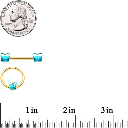 14G Aqua Gem Butterfly Gold Tone BCR Barbell Nipple Ring Set of 4