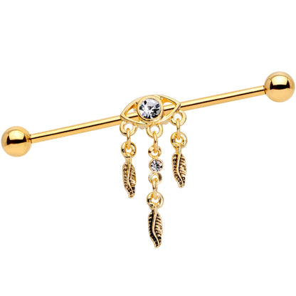 Clear Gem Gold Tone Eye Feather Dangle Industrial Barbell 38mm