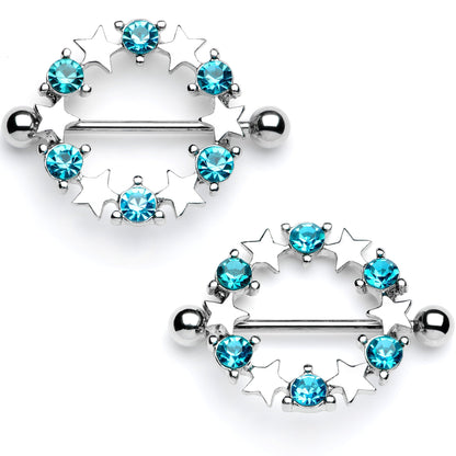14G 7/8 Blue Gem Ring of Stars Nipple Shield Set