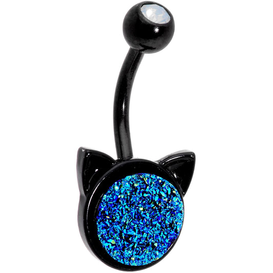 Clear Gem Blue Faux Druzy Quartz Black Here Pretty Kitty Cat Belly Ring