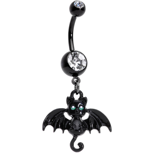 Clear Gem Black Halloween Bat Dangle Belly Ring