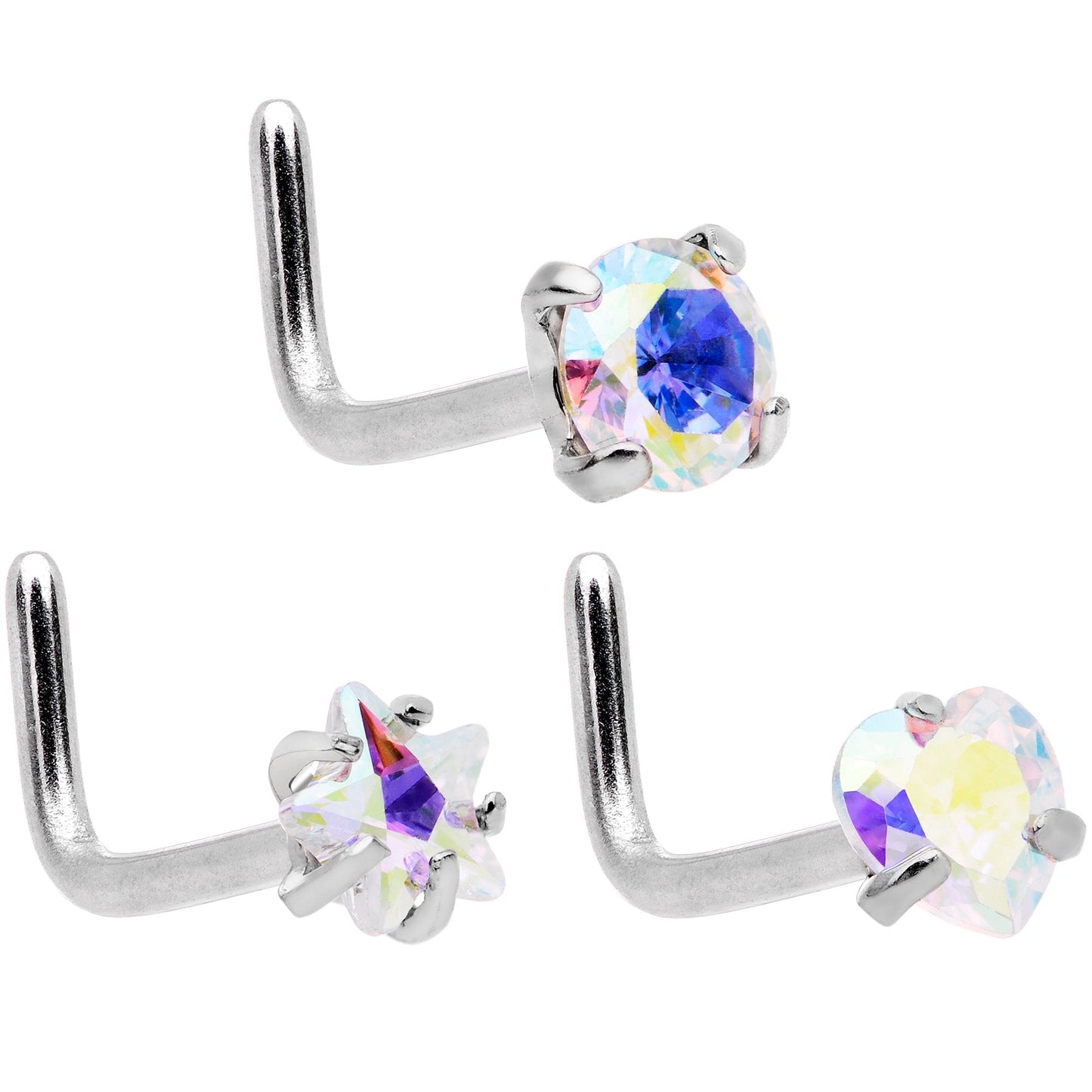 20G 5/16 Aurora Aqua Gem Variety L Shaped Nose Ring 6 Pack Set