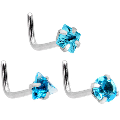 20G 5/16 Aurora Aqua Gem Variety L Shaped Nose Ring 6 Pack Set