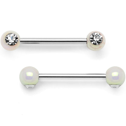 9/16 Clear Gem White Pearlescent Acrylic Barbell Nipple Ring Set