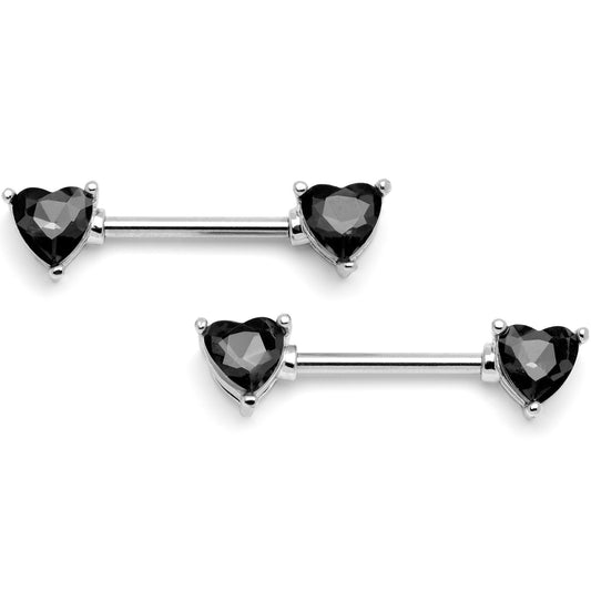 14G 9/16 Black Gem Hearts of Love Barbell Nipple Ring Set
