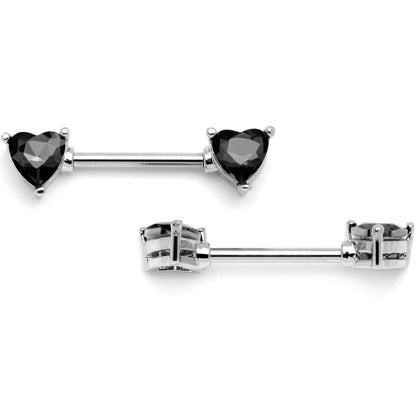 14G 9/16 Black Gem Hearts of Love Barbell Nipple Ring Set