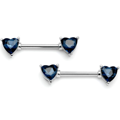 14G 9/16 Blue Gem Hearts Of Love Barbell Nipple Ring Set