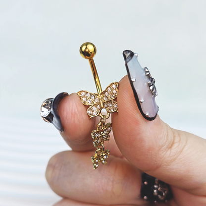 Clear Gem Gold Tone Flight Of Butterflies Dangle Belly Ring