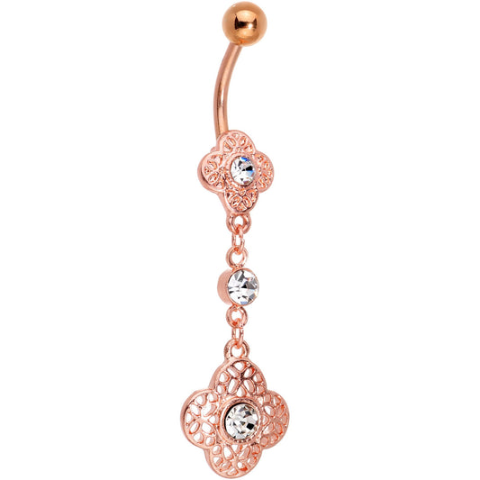 Clear Gem Rose Gold Tone Web of Delight Dangle Belly Ring